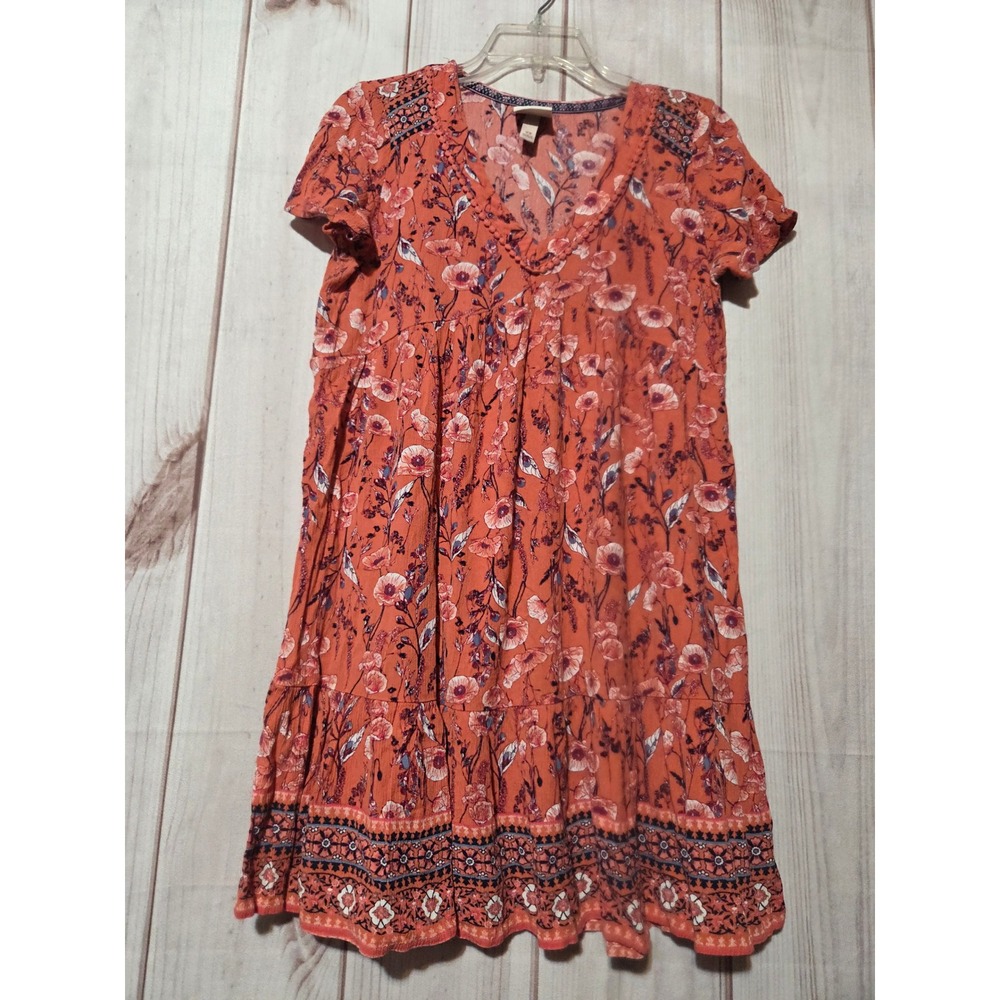 Knox Rose Womens XS Orange Floral Tiered Babydoll Mini Dress Boho‎ V-Neck Rayon